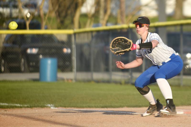 Milford-Cissna Park's Evie Niebuhr fields a throw at first base during a home game against Oakwood Wednesday, April 16, 2025.