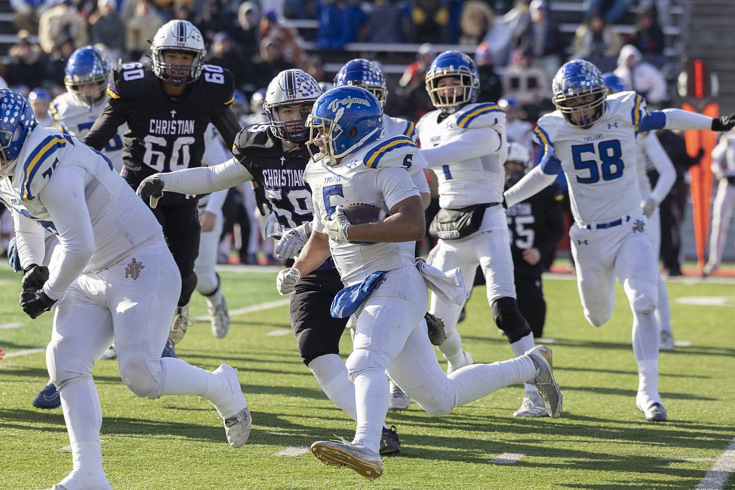 Maroa-Forsyth's Khanton Wilson runs the ball against Chicago Christian Friday, Nov. 29, 2024, in the class 2A football state final.