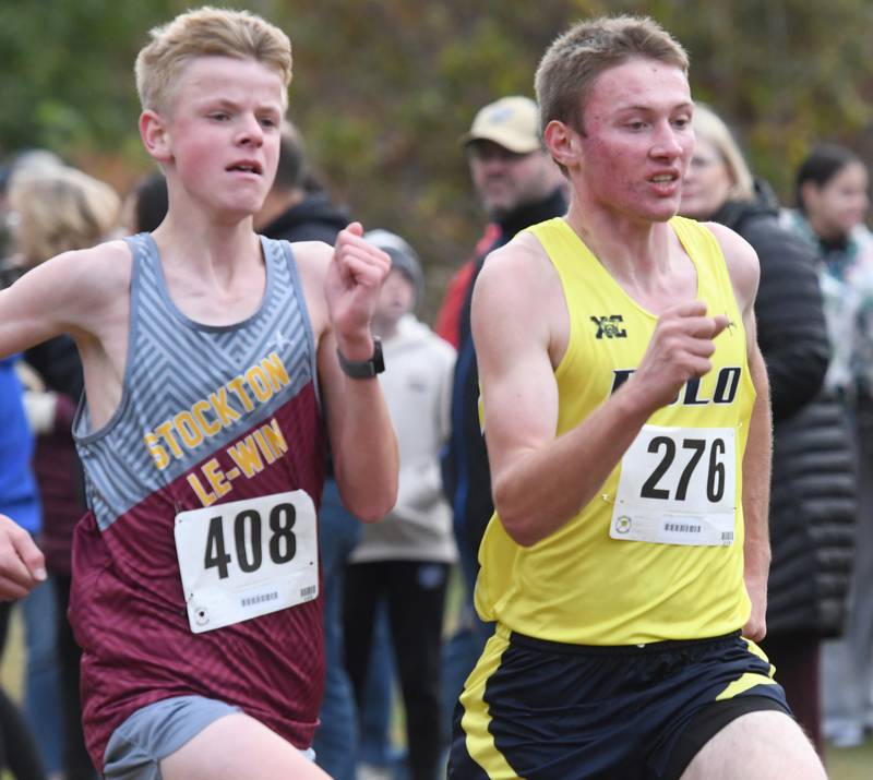 Polo-Forreston's Levi Bocker (right) and Stockton-Warren's Alex White race to the finish line of  the 1A Winnebago Boys Regional on Saturday, Oct. 25, 2025 at the Levi and Ester Fuller Memorial Forest Preserve.