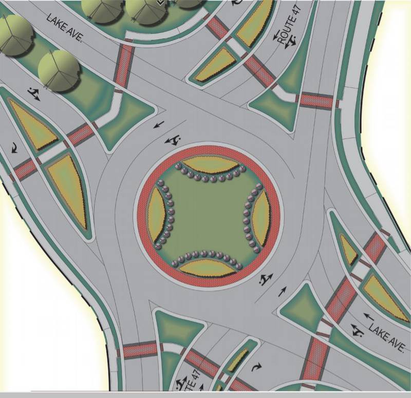 An example of what the intersection of Route 47 and Lake Avenue in Woodstock could look like after the state adds a roundabout there with stamped colored concrete installed as a visual design element. This is the mid-grade streetscaping option.