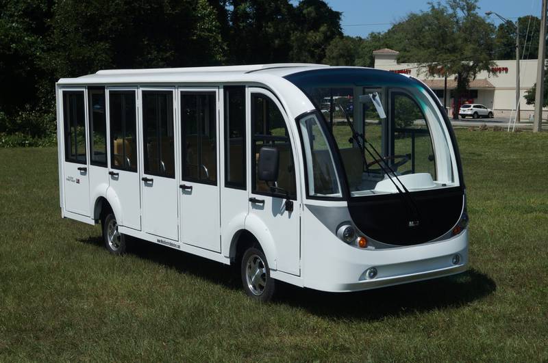 Photo shows model of 15-seat tram being developed for the city of Joliet. Oct. 11, 2024