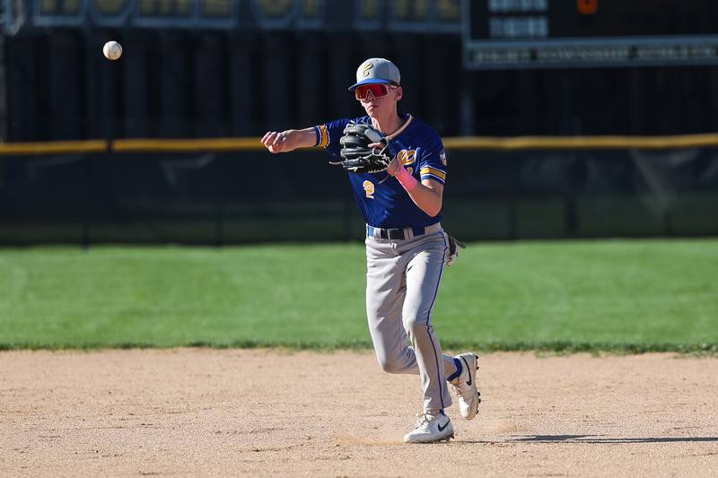 Joliet Central’s Noh Whitlock throws to first for the out against Joliet West on Monday, April 15, 2024.