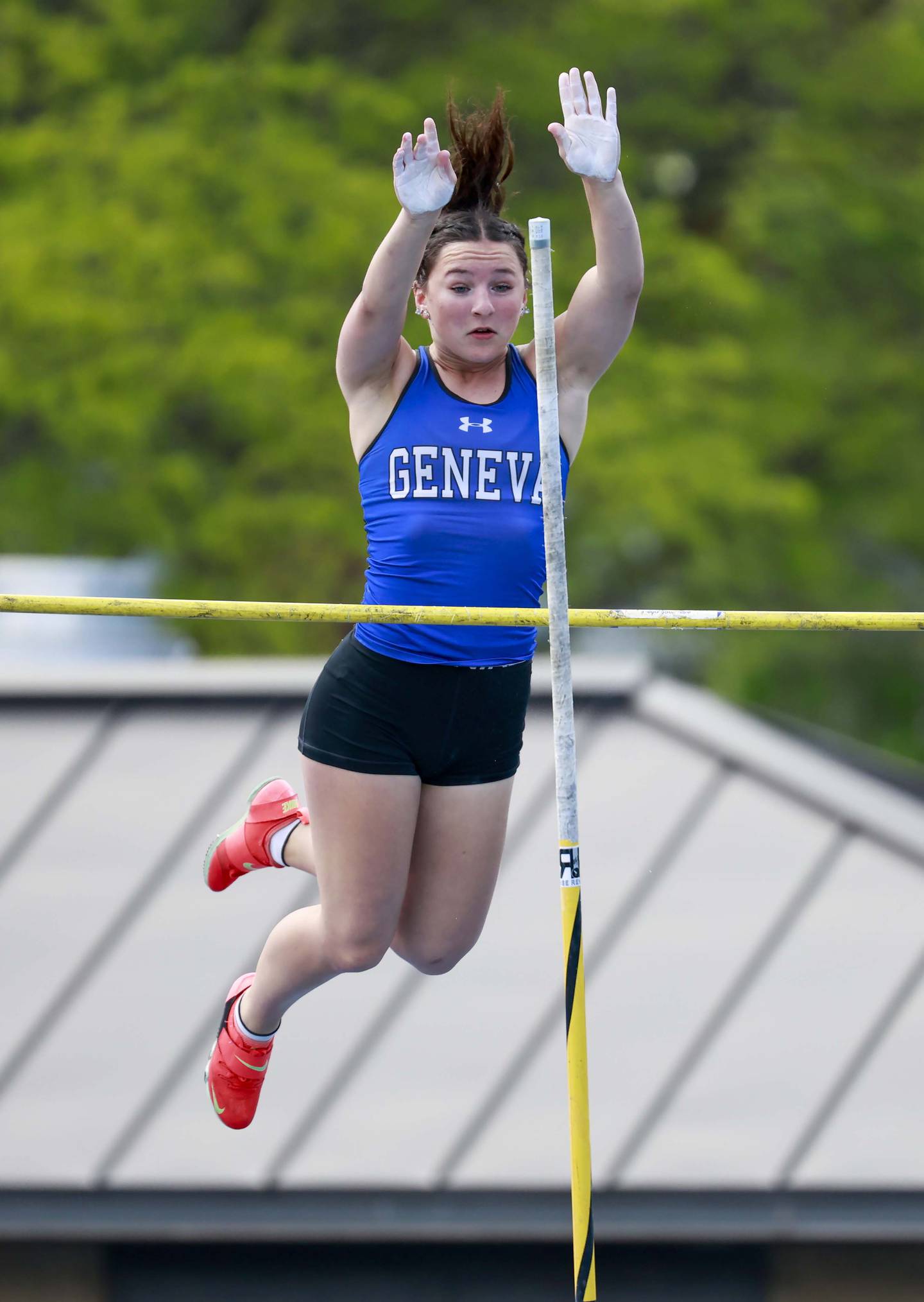 Geneva’s Leah Friede competes in the pole vault during the DuKane Conference girls track and field meet Thursday, May 7, 2026 in Geneva.