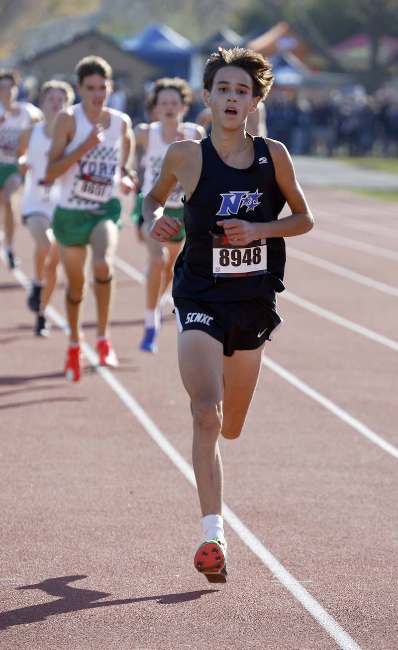 Samuel Hill of St. Charles North during the IHSA Class 3A Lake Park cross country sectional  Saturday, Nov. 2, 2024 in Roselle.