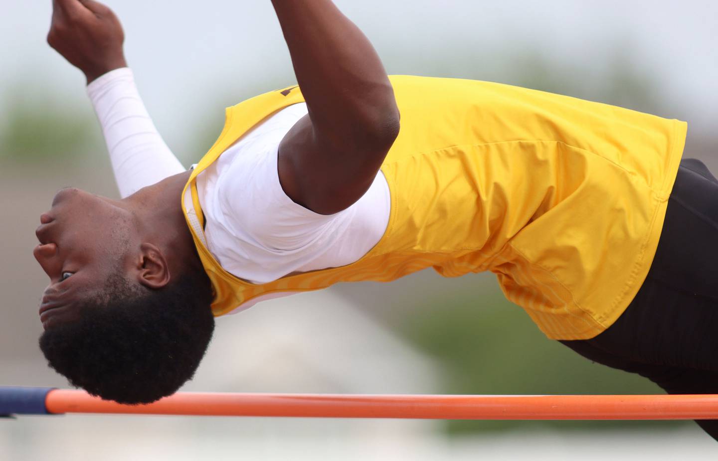Jacobs’ Khristos Oludimu competes in the high jump in Fox Valley Conference boys track and field meet action at Huntley High School in Huntley on Thursday, May 15, 2025.
