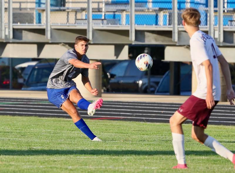 Princeton senior Asa Gartin takes a shot in Thursday's match against IVC at the Bryant Field pitch. IVC won 3-2;.