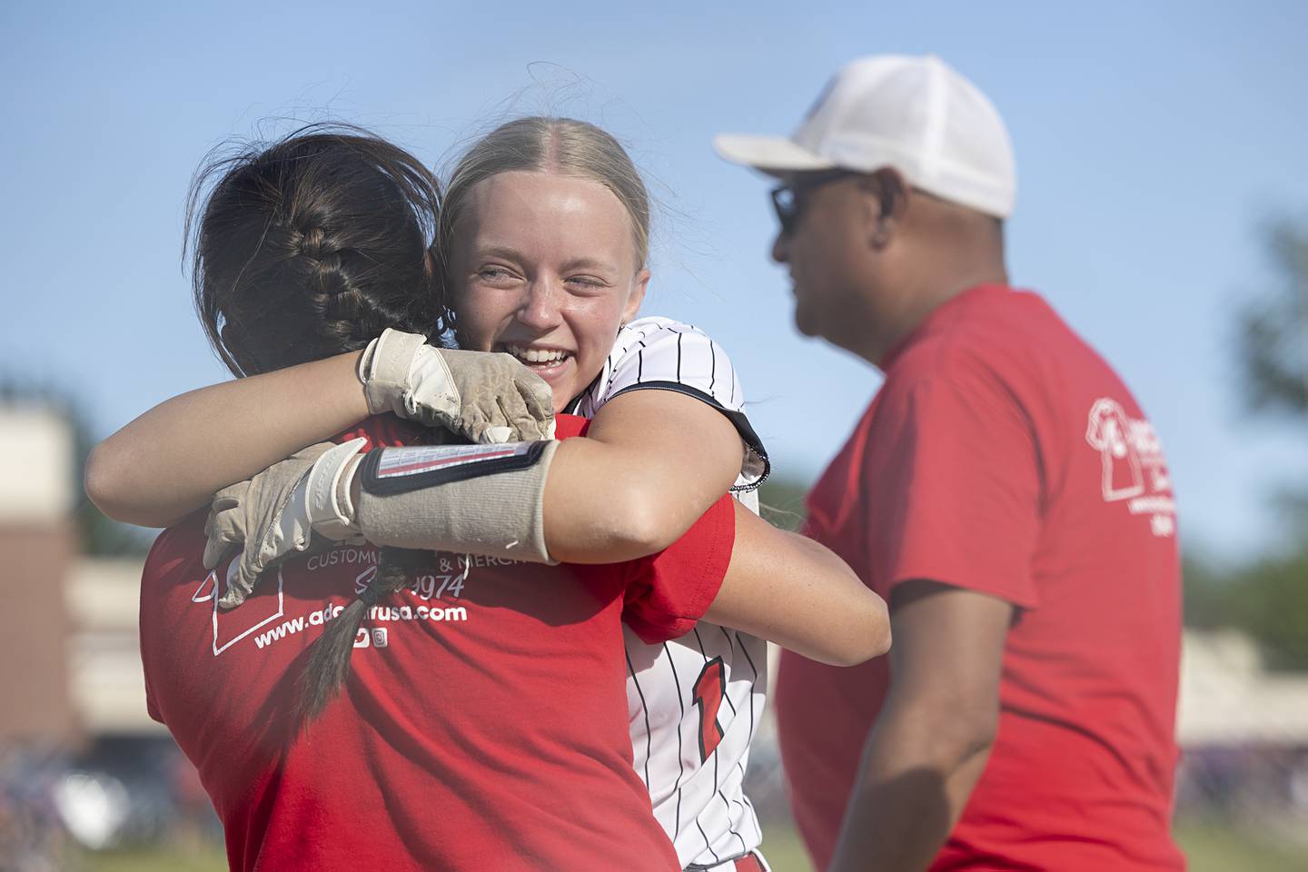 Fulton’s Belle Curley celebrates the team's win over Orangeville Tuesday, May 26, 2026, at the Eastland Class 1A softball sectional semifinal.