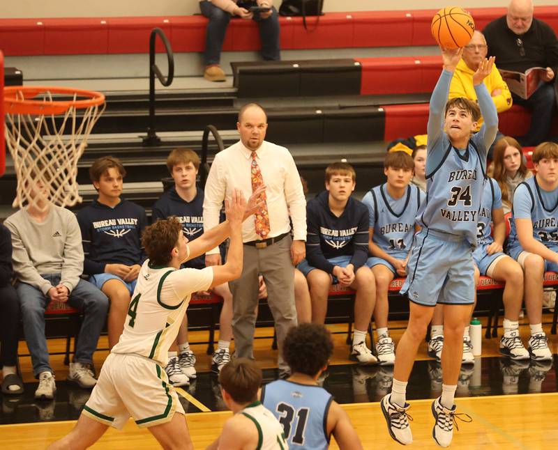 Bureau Valley's Carson Gruber shoots a wide-open shot against St. Bede during the Colmone Classic on Thursday, Dec. 11, 2025 at Hall High School.