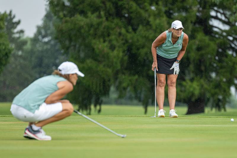 Kristen McClendon of Deer Park watches her putt roll on green on Saturday, August 10, 2025 at the annual Illinois Valley Women's Golf Tournament at Edgewood Golf Club in McNabb.