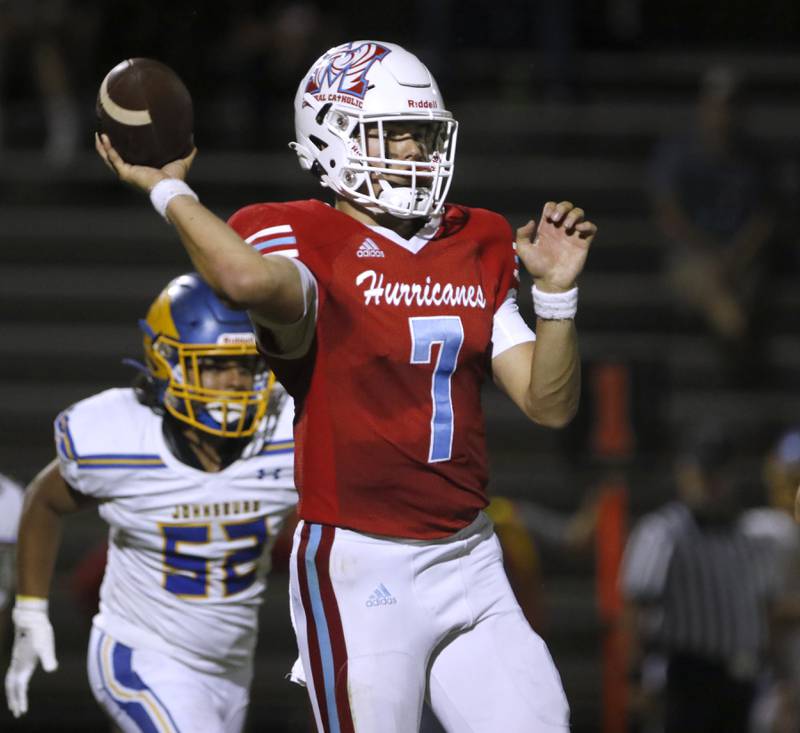Marian Central's Cale McThenia throws a pass during a non-conference football game Friday, Sept. 2, 2022, between Marian Central and Johnsburg at Marian Central High School.