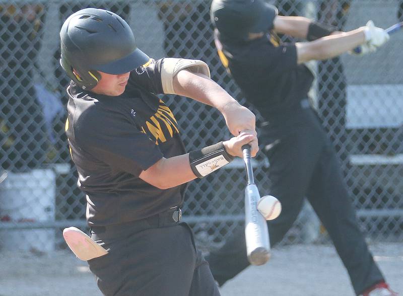 Putnam County's Traxton Mattingly hits a single against St. Bede on Thursday, May 8, 2025 at St. Bede Academy.