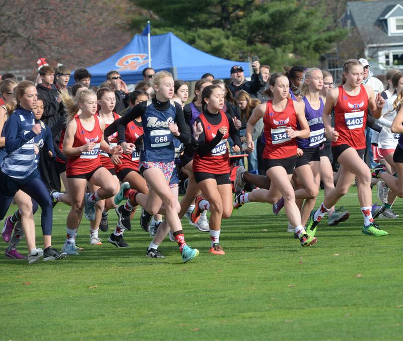 Oregon runners start their race at the 1A Rock Island Cross Country Sectional on Saturday, Nov. 2, 2024 at Saukie Golf Course in Rock Island.