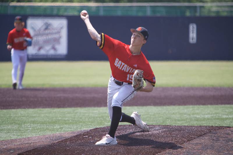 Batavia's Nate Nazos delivers a pitch against York at the Class 4A Sectional Final on Saturday, June 3, 2023 in Elgin.