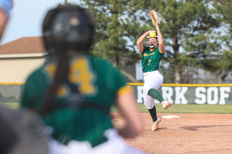 Grant Park's Cheyenne Hayes pitches during Grant Park's 12-2 victory over Milford/Cissna Park in six innings on Wednesday, March 25, 2026.