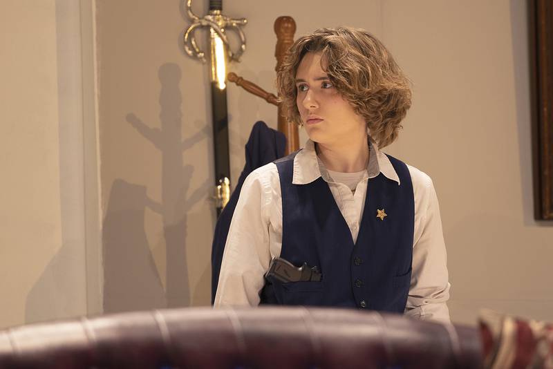 Kai Hoban, playing Chad Martin, rehearses “Thirteen Past Midnight,” Wednesday, Oct. 30, 2024, at Dixon High School.