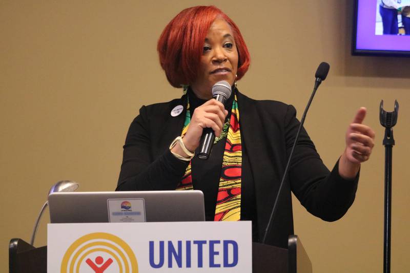 Kishwaukee United Way Executive Director Michele Vaughn gives opening remarks Thursday, Feb. 13, 2025, at  Kishwaukee United Way's annual meeting held at Faranda's Banquet in DeKalb.