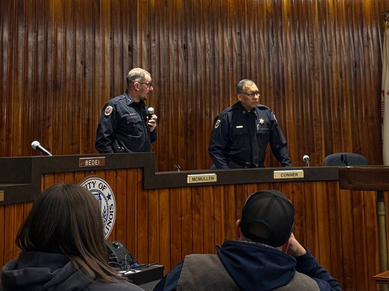 Deputy Police Chief Robert Wood (left) speaks Tuesday, Oct. 15, 2024, as Police Chief John Franklin looks on at a special Streator meeting.