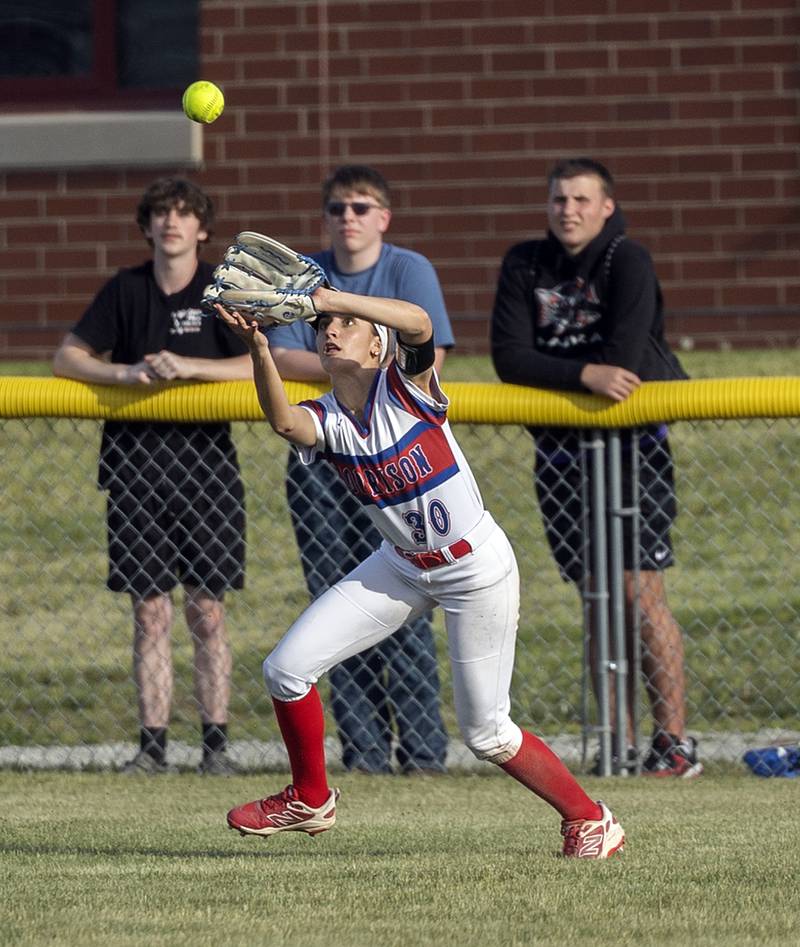 Morrison’s Bella Scachette makes the catch against Erie-Prophetstown Thursday, May 14, 2026.