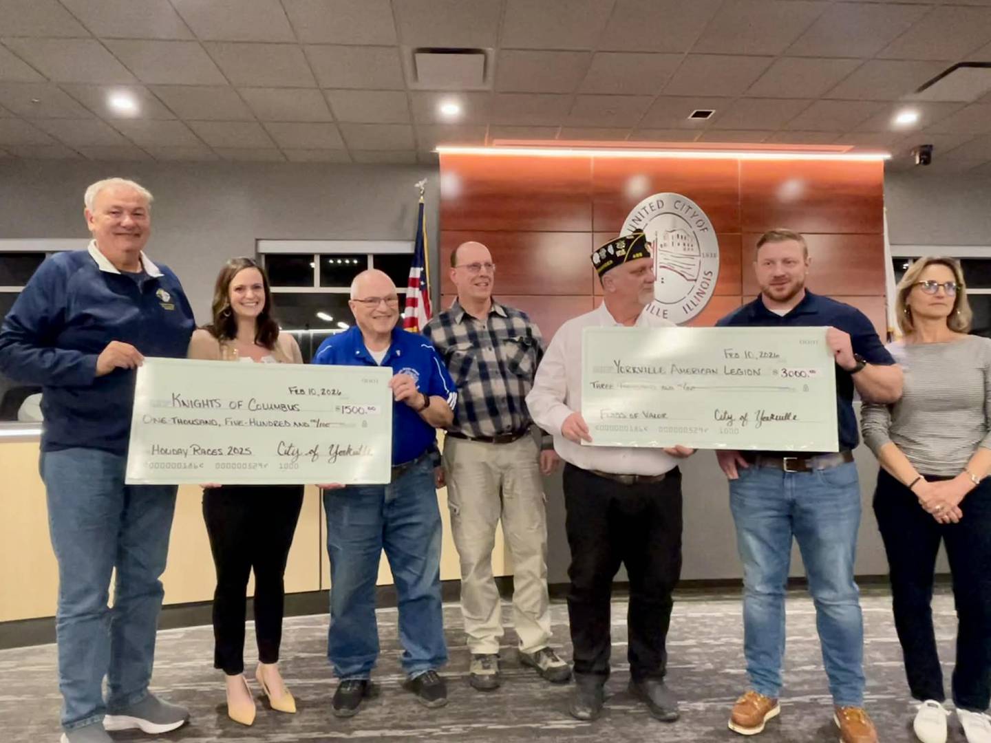 The city of Yorkville showed its appreciation to the Yorkville American Legion and the Knight of Columbus with two life-size checks during the Feb.10, 2026 City Council Meeting.