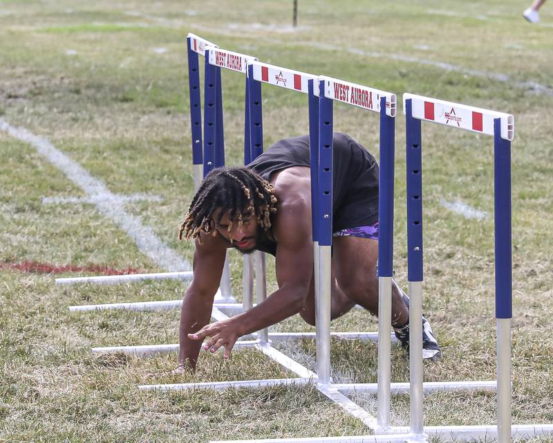 Waubonsie Valley's Leo Hobson competes in the agility drill during the West Aurora "Battle of the Butts" Lineman Challenge, July 10, 2025  in Aurora.