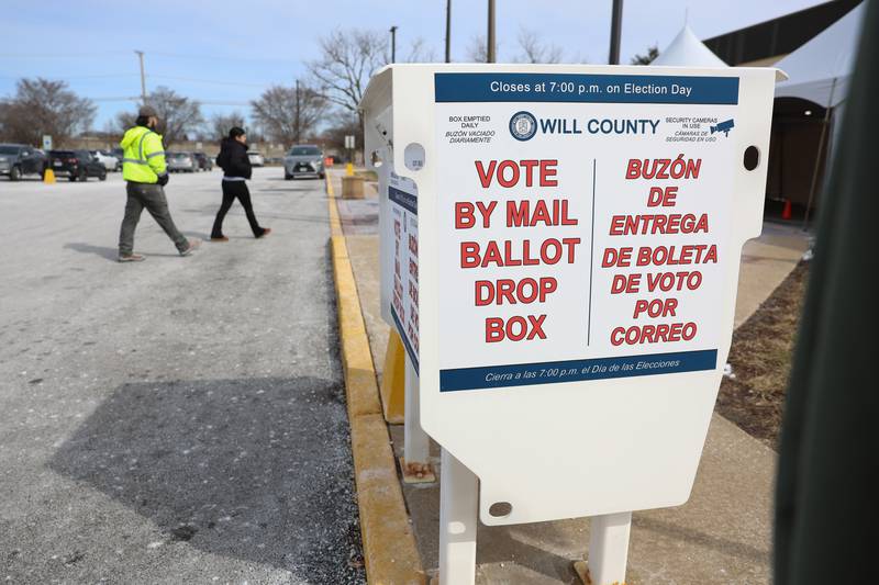 Will County building provides a mail ballot drop box along with in person voting on Tuesday, March 17, 2026 in Joliet.