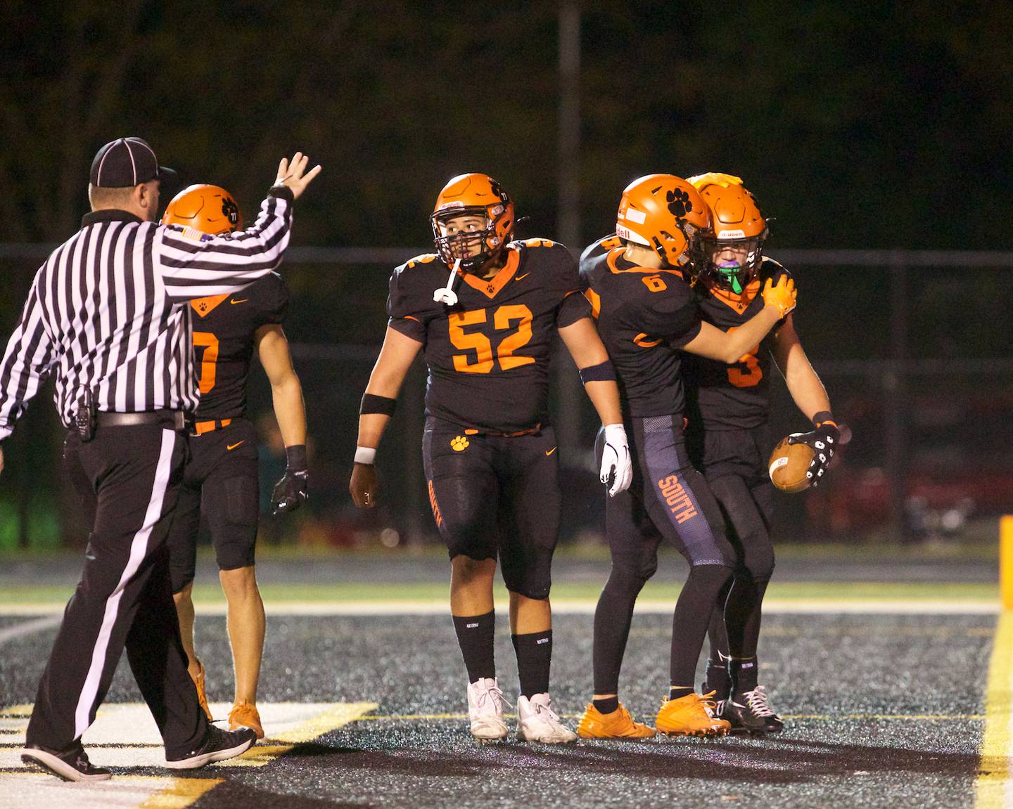 Wheaton Warrenville South celebrates a touchdown against St. Charles North on Friday, Oct. 10, 2025 in Wheaton.on Friday, Oct. 10, 2025 in Wheaton.