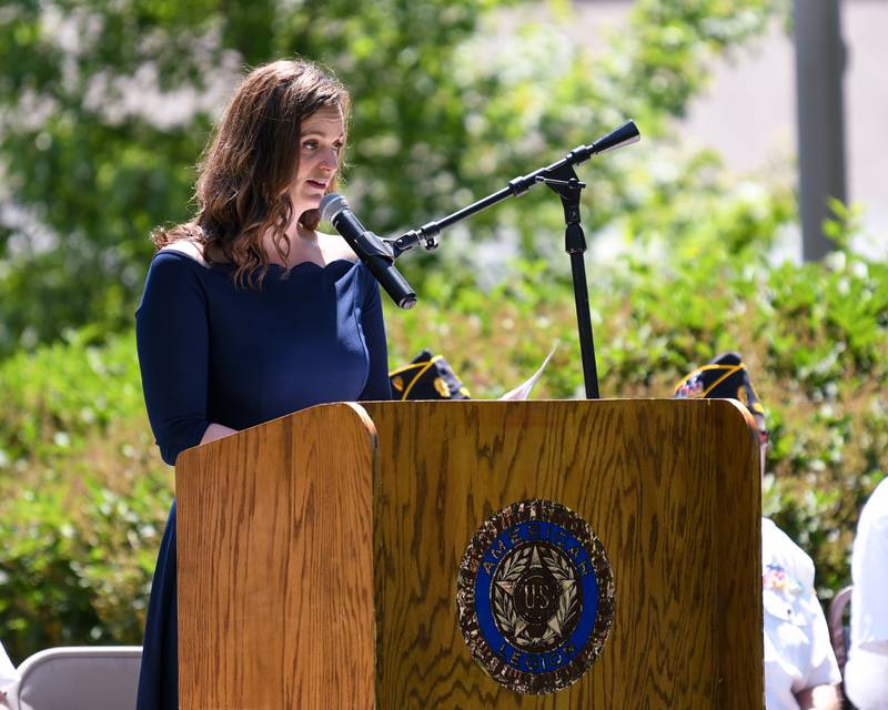Yorkville’s Superintendent of Recreation Shay Remus speaks during the Yorkville Memorial Day event on Monday May 25, 2026, held at Town Square Park in Yorkville.