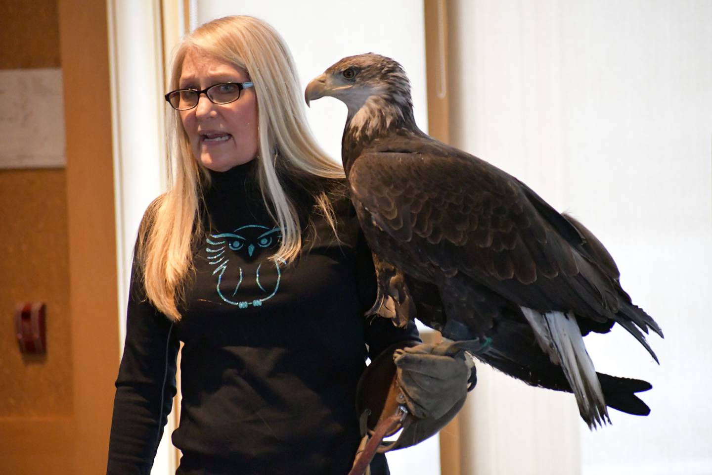 Dianne Moller is a licensed educator, falconer, rehabilitator, eagle handler through state and federal agencies and  founder of Hoo’s Woods Raptor Center in Wisconsin. She has presented live raptors at Eagle Watch in the past and will do so again on Jan. 14 at the Forest Preserve District of Will County's Four Rivers Environmental Education Center in Channahon.