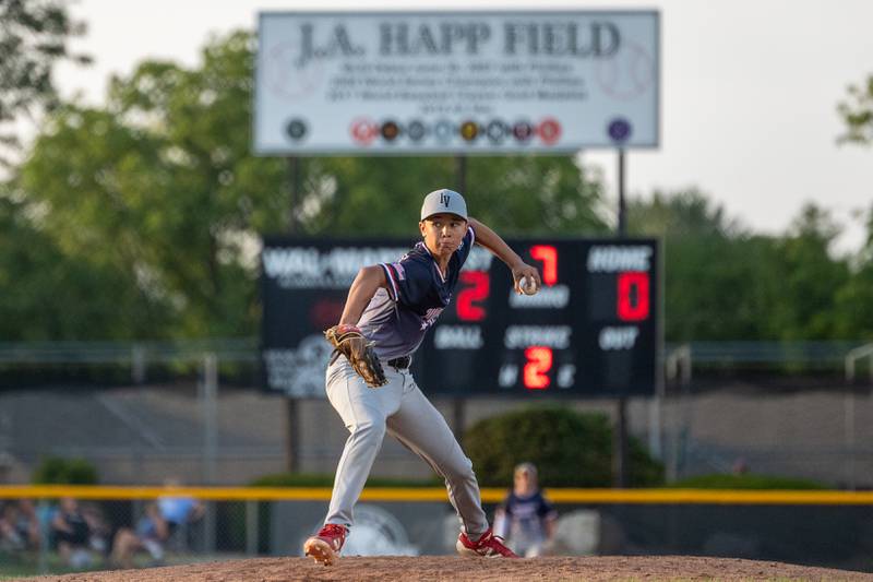 Geno Argubright of Illinois District 20 pitches on Saturday, July 12, 2025 at Washington Park in Peru.