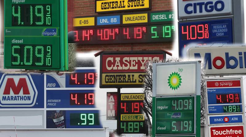 An assortment of gas prices around DeKalb County Tuesday, March 31, 2026.