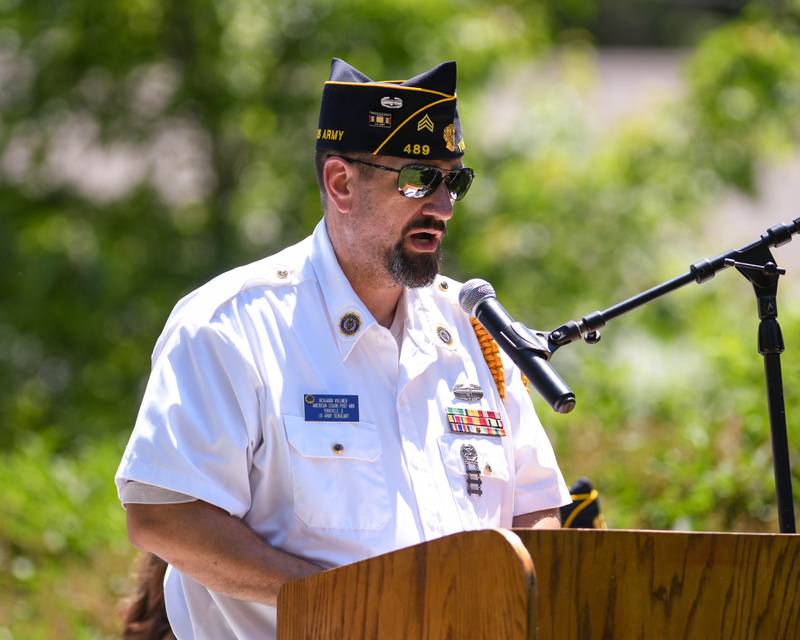 US Army Sergeant Ben Vollmer speaks during the Memorial Day event on Monday May 25, 2026, held at Town Square Park in Yorkville.