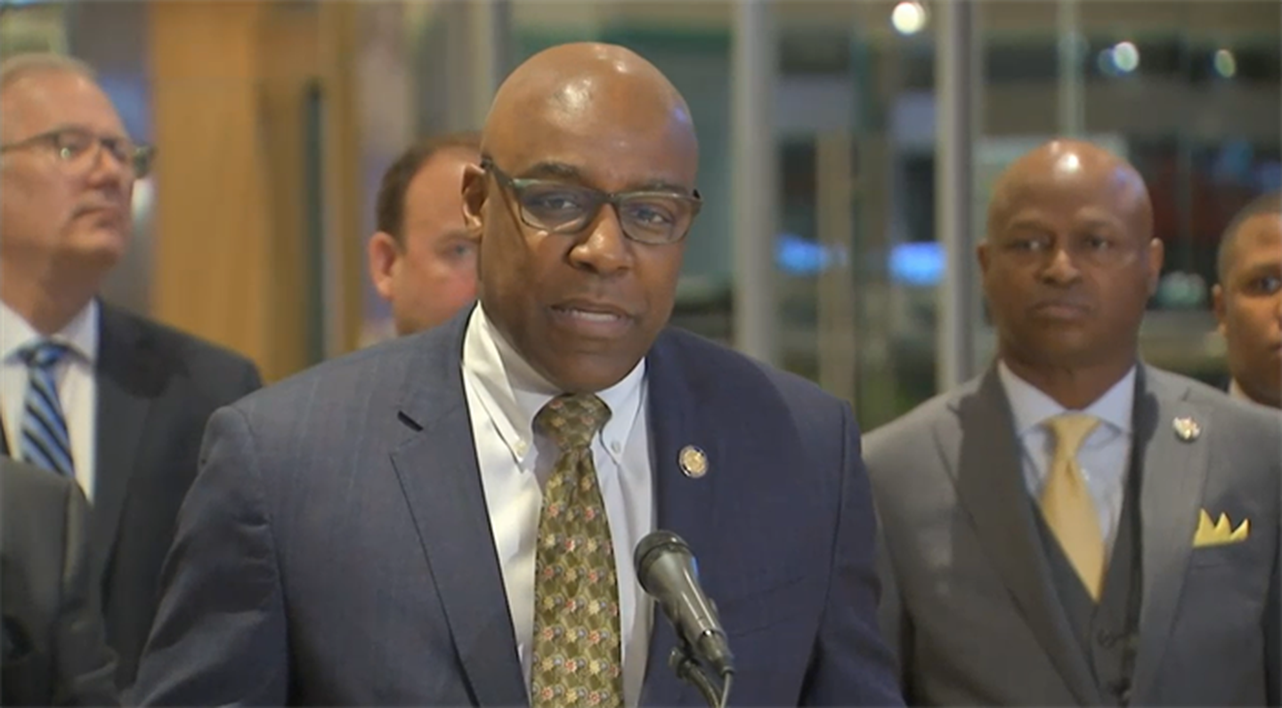 Illinois Attorney General Kwame Raoul speaks at a news conference supporting a bill aimed at cracking down on organized retail crime.