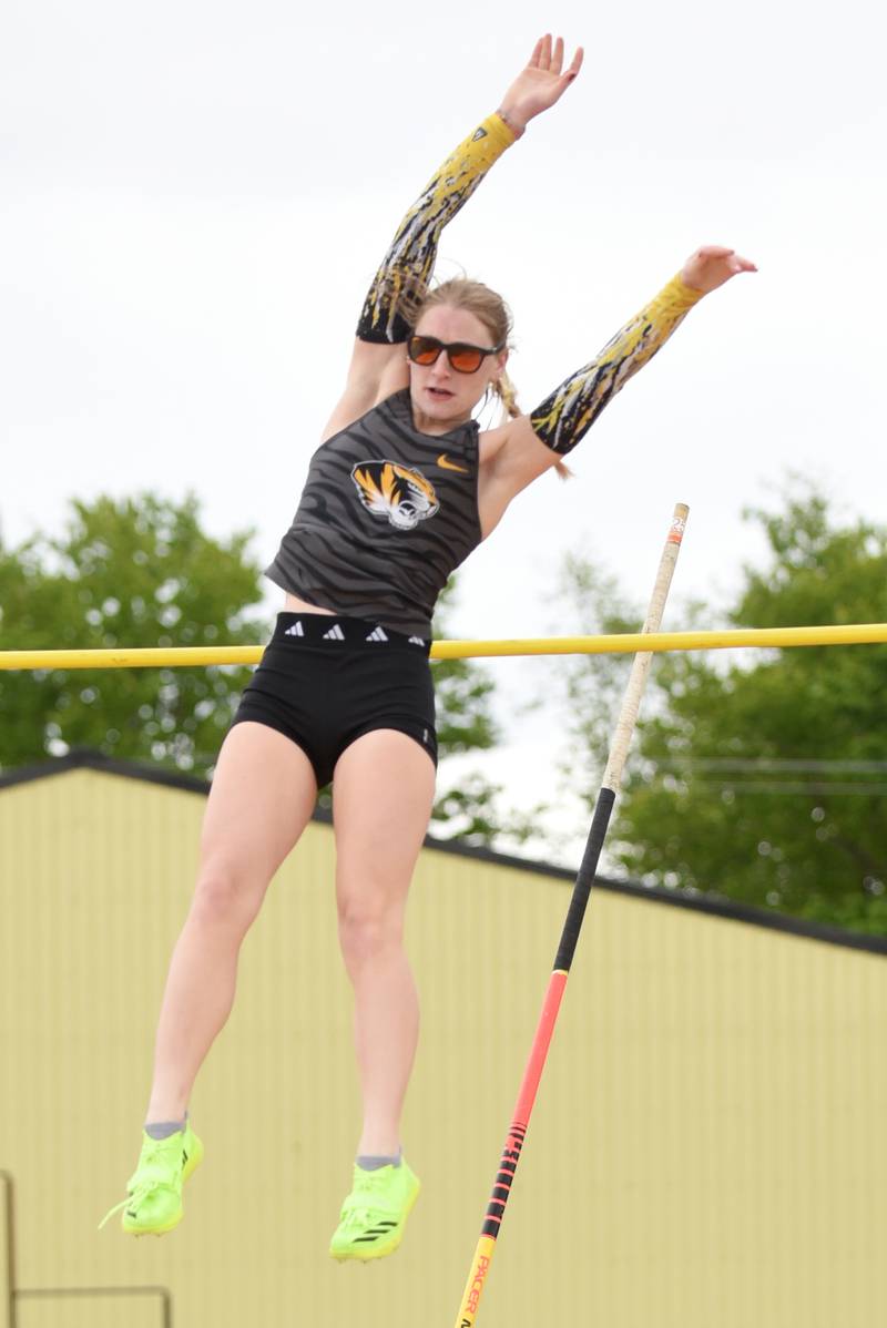 Herscher's Fabienne Houberg clears the pole vault during the Herscher Invite Friday, May 1, 2026.