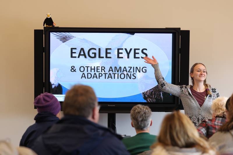 Interpretive Naturalist Alexis Lyons gives a 15-minute Talon Talks on “Eagle Eyes and Other Awesome Adaptations” at the Four Rivers Environmental Education Center’s annual Eagle Watch program in Channahon.