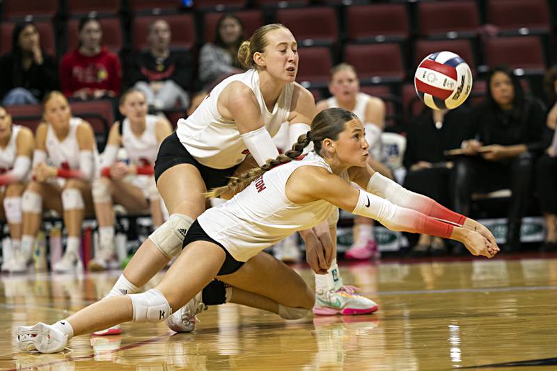 Barrington’s Addie Brookbank plays the ball against Mother McCauley in the 4A state semifinal Friday, Nov. 10, 2023 at CEFCU Arena in Normal.