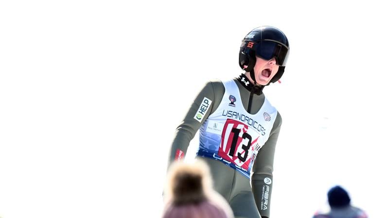 Jacob Larson of St. Paul, Minnesota has completed the jump and reacts at the fence line at the bottom of the ski jump at the Norge Ski Jump 121st Annual Winter Tournament on Feb. 1, 2026 at the Norge Ski Club, 100 Ski Hill Road, Fox River Grove.