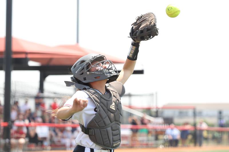 Antioch’s Grace Green can’t pull in the foul ball against Lemont in the Class 3A state championship game on Saturday, June 10, 2023 in Peoria.