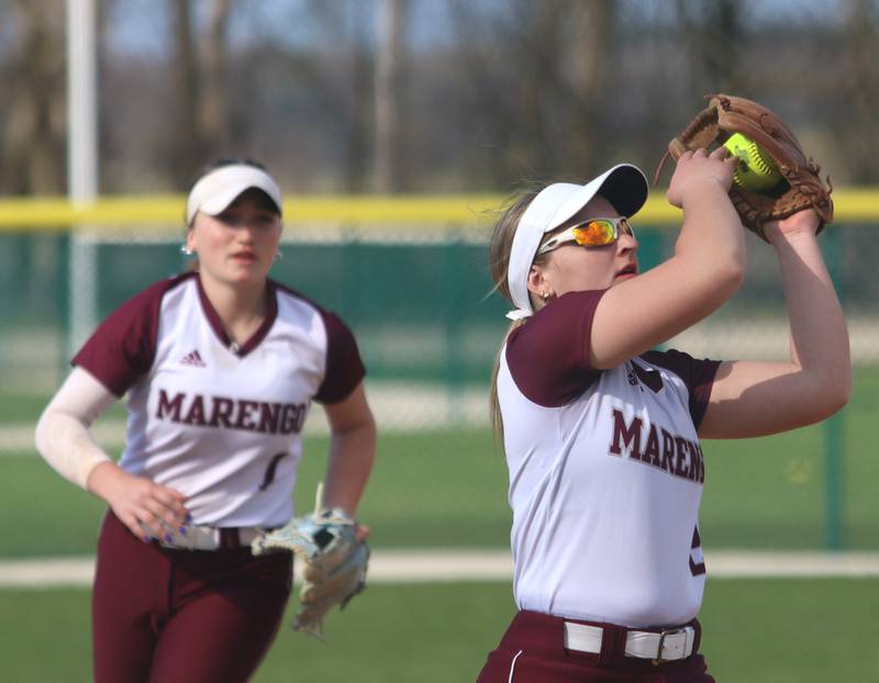 Marengo’s Ellie White nabs an infield fly against Richmond-Burton in varsity softball on Tuesday, April 22, 2025, at Marengo High School in Marengo.