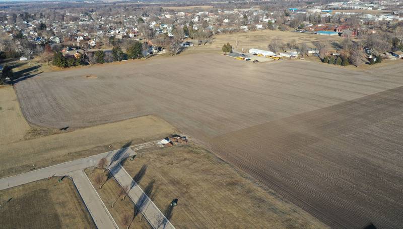 An aerial view of the proposed fieldhouse parcel just south of the Princeton School District Office, on Thursday, Jan. 22, 2026 in Princeton. In December, the Princeton City Council amended its zoning ordinances to make way for a proposed fieldhouse for the Princeton School District. The project is in the beginning stages. The school district is looking at purchasing 15 acres north of Liberty Village for a 50 to 80,000 square foot indoor sports complex. The facility would also include parking. The fieldhouse concept would serve both youth and high school teams.
