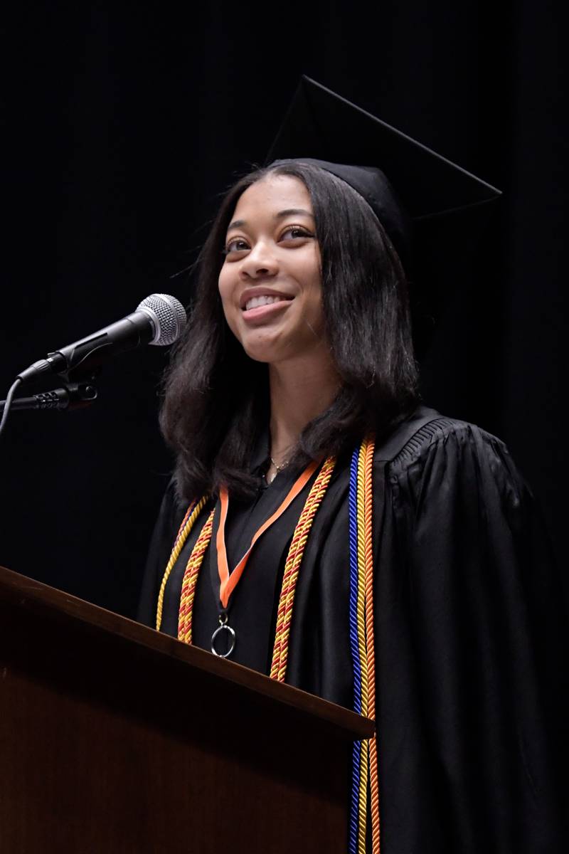Camryn Mason gives the welcome address during the DeKalb High School graduation ceremony at the Convocation Center in DeKalb on Saturday, May 28, 2022.