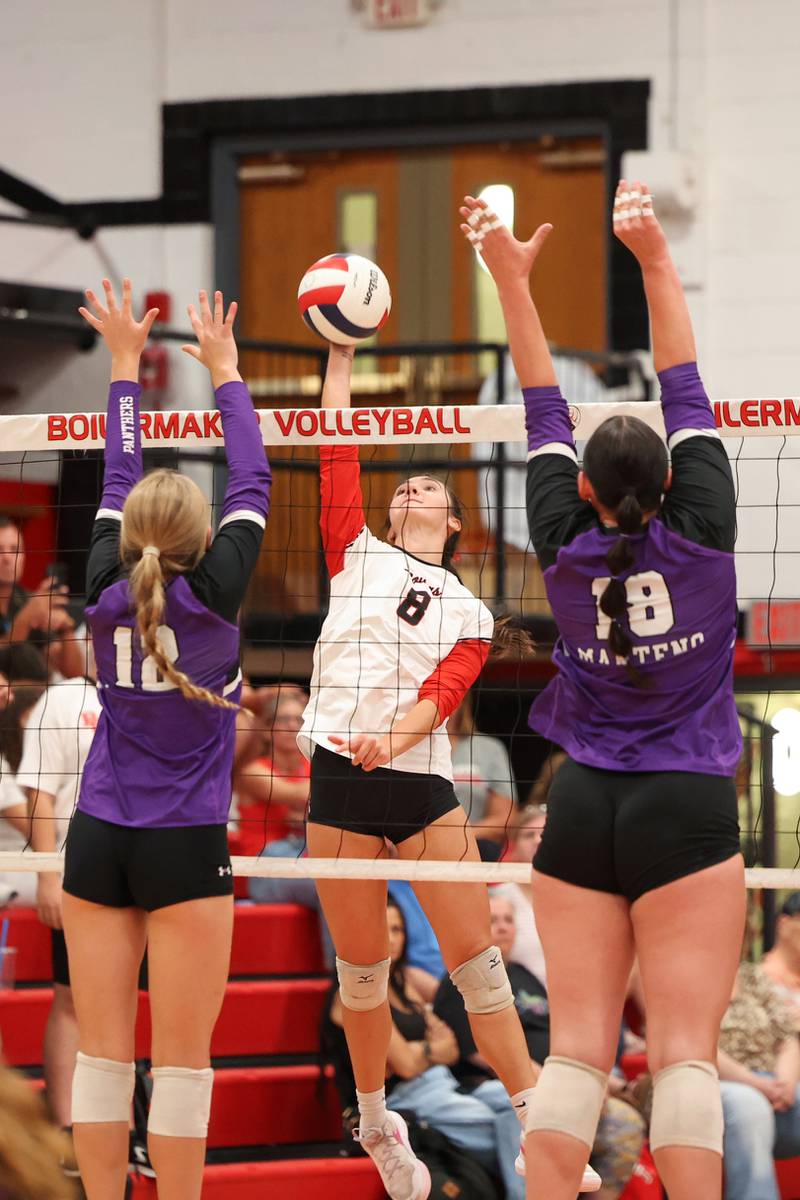 Bradley-Bourbonnais' Hannah Wojnowski hits under pressure from Manteno's Maddy Belisle, left, and Maddie Gesky during the Panthers' victory in three sets, 25-21, 23-25, 25-17, over the Boilermakers on Monday, Sept. 15, 2025.