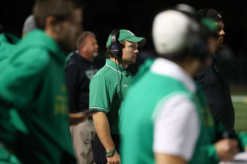 Providence head coach Tyler Plantz watches the game against Lincoln-Way Central on Friday, Sept. 6, 2024 in New Lenox.