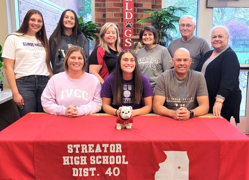 Streator graduate Mya Zavada (seated at center between her parents, Amber and Michael) has signed on to continue her education at Illinois Valley Community College in Oglesby and her volleyball career at the NJCAA Division II level with the Eagles. At her signing ceremony she was joined by her sisters, Malea and Leilani, Streator girls volleyball coach Julie Gabehart and grandparents Renee Porter, Gary Porter and Clara Zavada.