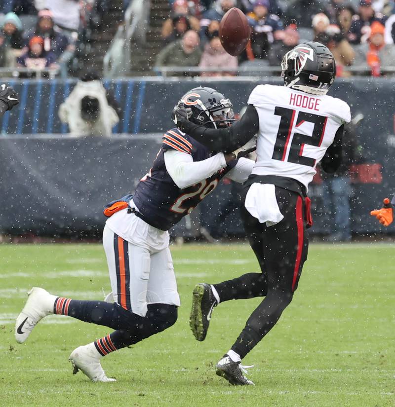 Chicago Bears cornerback Tyrique Stevenson breaks up a pass intended for Atlanta Falcons wide receiver KhaDarel Hodge during their game Sunday, Dec. 31, 2023, at Soldier Field in Chicago.