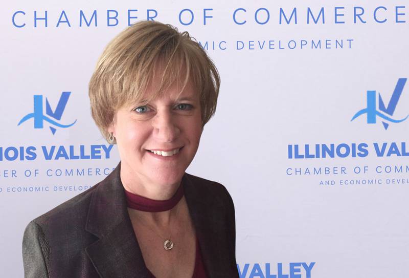 Jennifer Dudek, poses with her Cornerstone award during the Illinois Valley Chamber of Commerce Champions of Change Awards Night on Wednesday, May 6, 2026 at the Westclox Event Center in Peru.