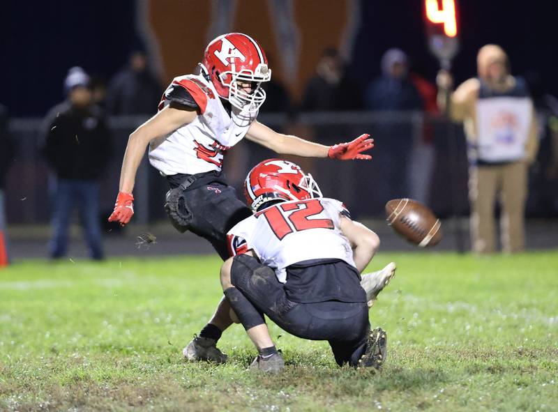 Yorkville’s Dom Recchia (23) attempts a field goal during the boys varsity football game on Friday, Oct. 6, 2023 in Oswego.