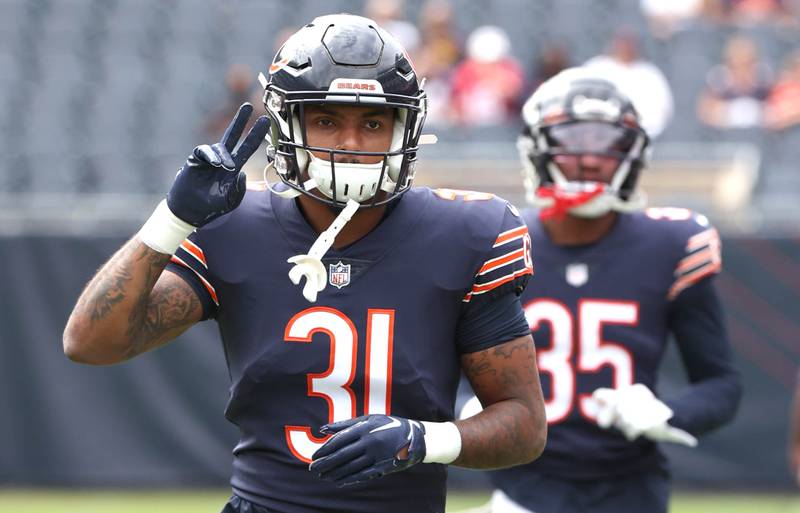 Chicago Bears running back Trestan Ebner warms up before the Bears take on the Kansas City Chiefs Sunday, Aug. 13, 2022, at Soldier Field in Chicago. The Bears beat the Kansas City Chiefs 19-14.