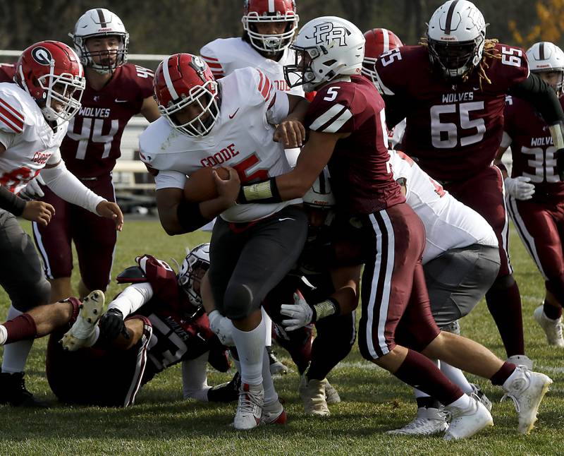 Prairie Ridge's Andrew Koeppen tackles Chicago Goode's Josiah Thomas for a loss during an IHSA Class 5A first-round football game on Saturday, Nov. 2, 2024, at Prairie Ridge High School in Crystal Lake.