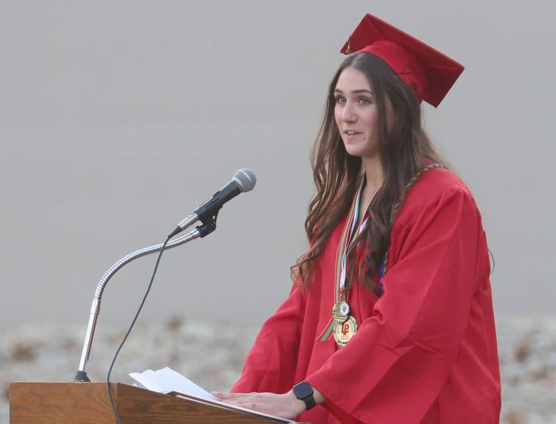 La Salle-Peru Township High School Salutatorian Drew Depenbrock gives a speech during the L-P Class of 2026 commencement ceremony on Thursday, May 14, 2026 at Howard Fellows Stadium.