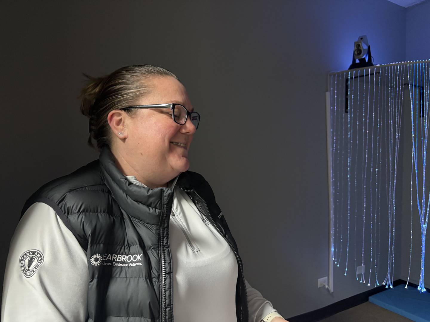Emily Fencl speaks in the sensory room at Clearbrook in Crystal Lake Dec. 23, 2024. The organization receives Mental Health Board funds.